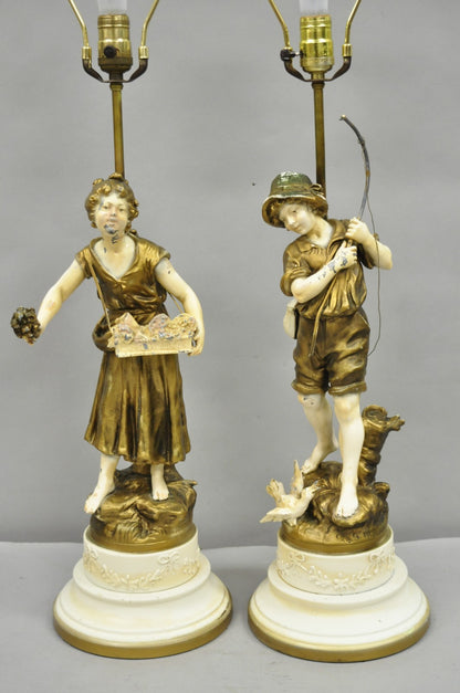 Antique French Victorian Moreau Figural Metal Boy and Girl Table Lamps (B), Pair