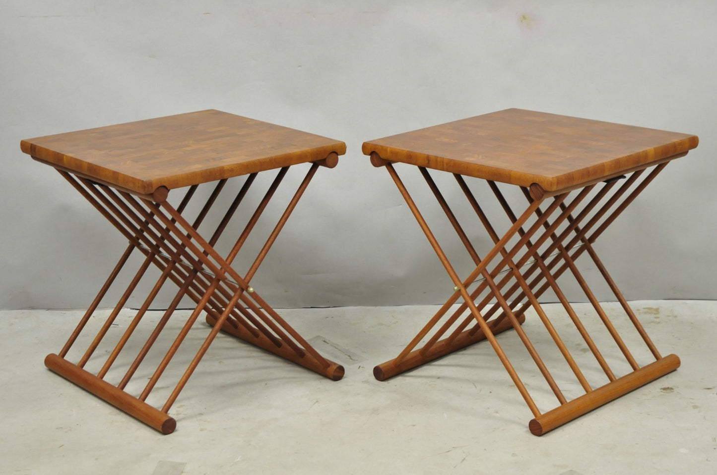 Mid Century Danish Modern Mandalay Teak Folding Campaign Style Side Tables Pair