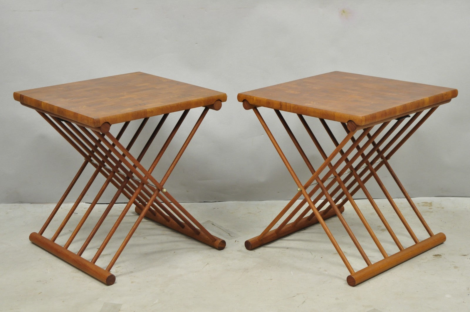 Mid Century Danish Modern Mandalay Teak Folding Campaign Style Side Tables Pair