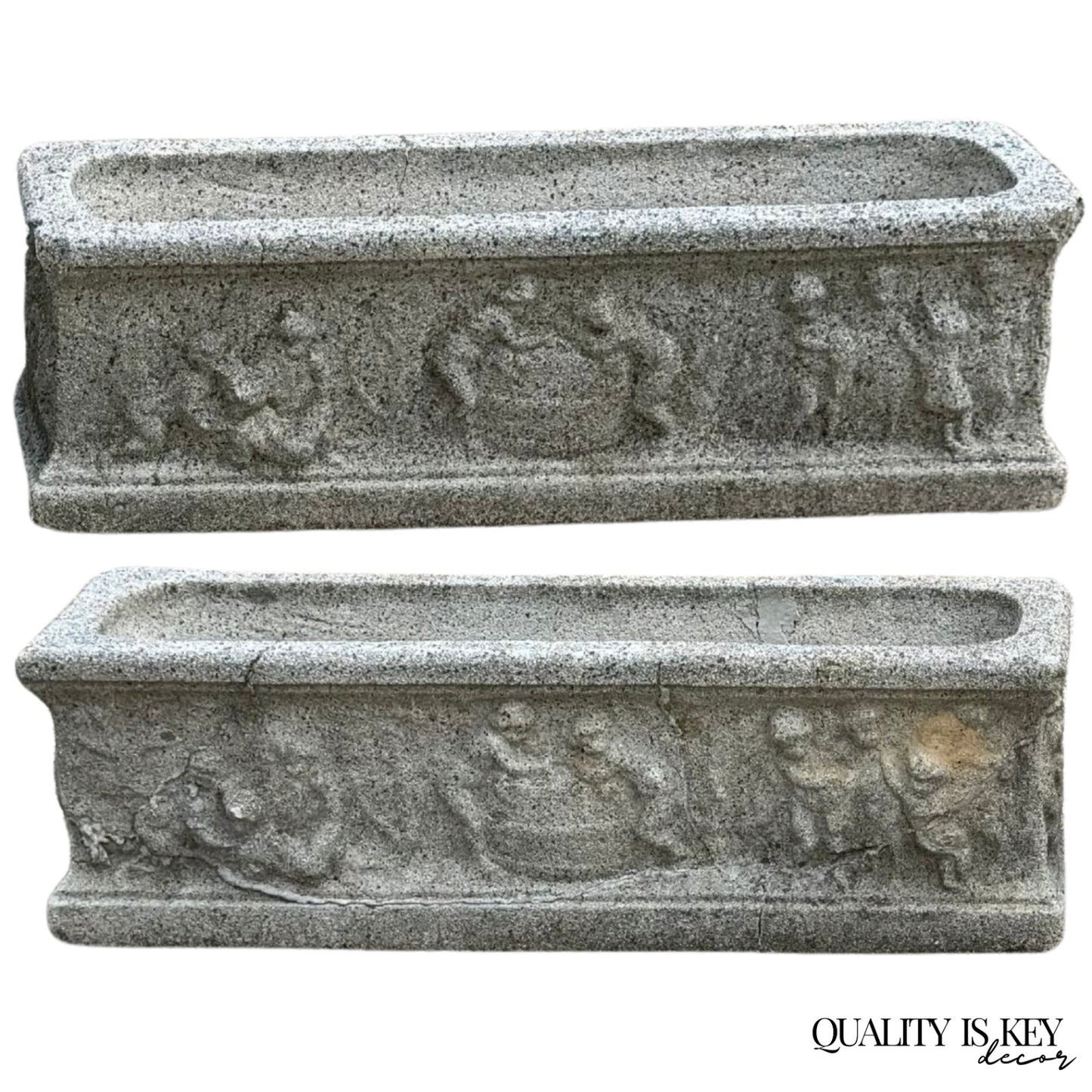 Vintage Neoclassical Style Concrete Cherub 36" Long Garden Planter Pots - a Pair