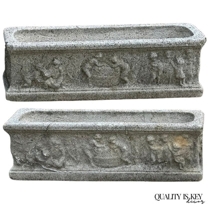 Vintage Neoclassical Style Concrete Cherub 36" Long Garden Planter Pots - a Pair