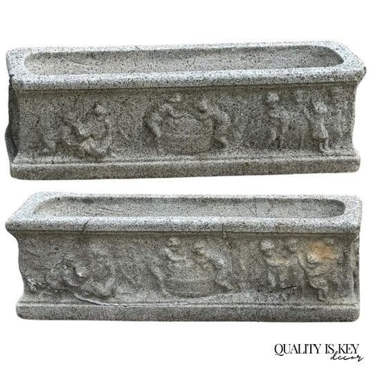Vintage Neoclassical Style Concrete Cherub 36" Long Garden Planter Pots - a Pair