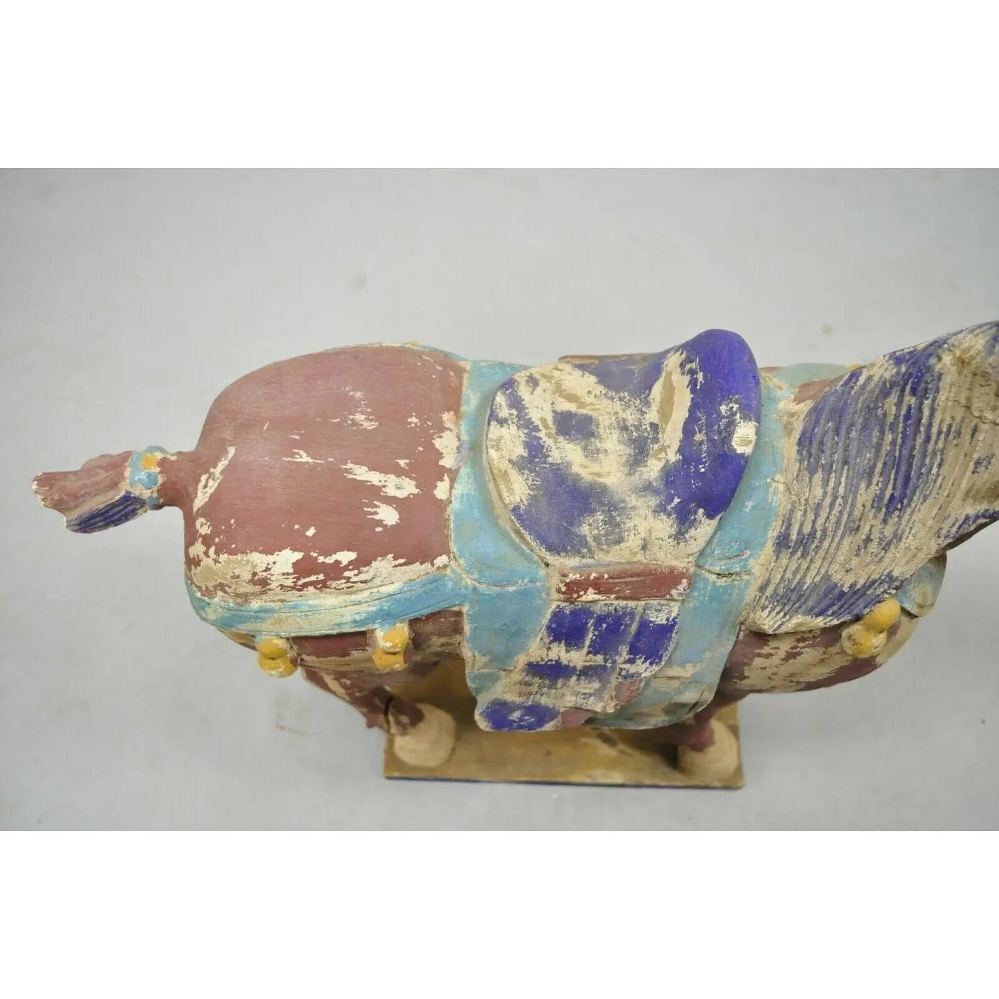 Chinese Polychrome Wooden Carved Wood 28" Tang Horse Sculpture Statue Red Blue