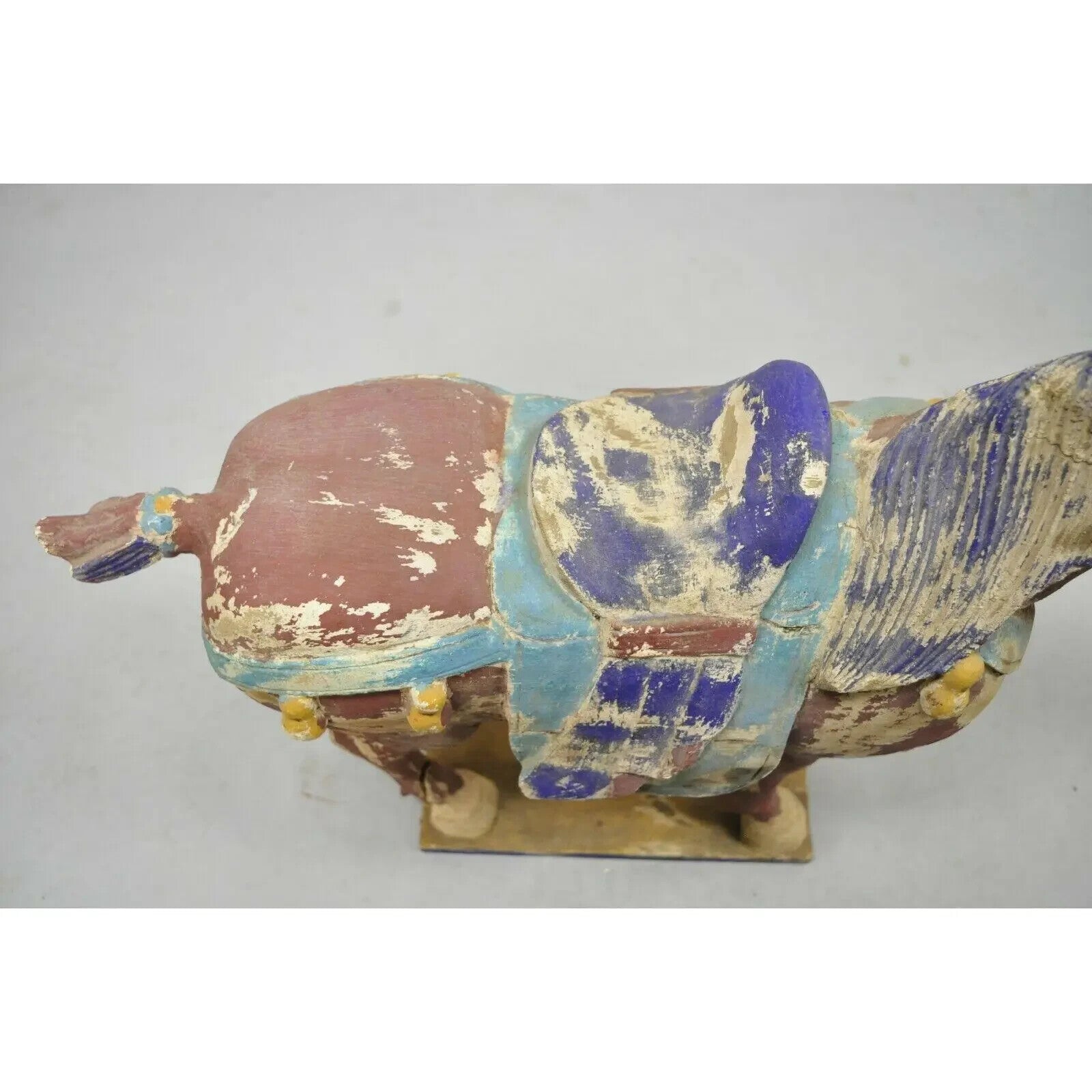 Chinese Polychrome Wooden Carved Wood 28" Tang Horse Sculpture Statue Red Blue