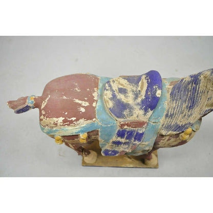 Chinese Polychrome Wooden Carved Wood 28" Tang Horse Sculpture Statue Red Blue