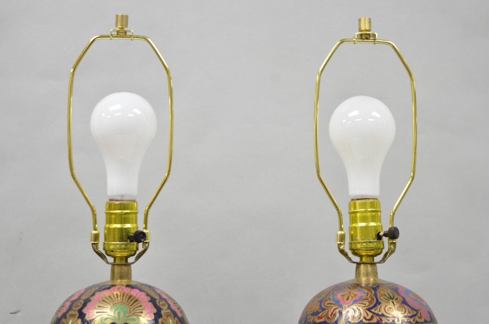 Vintage Brass & Cloisonné Enamel Pink & Blue Jardiniere Urn Table Lamps - Pair