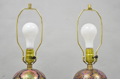Vintage Brass & Cloisonné Enamel Pink & Blue Jardiniere Urn Table Lamps - Pair