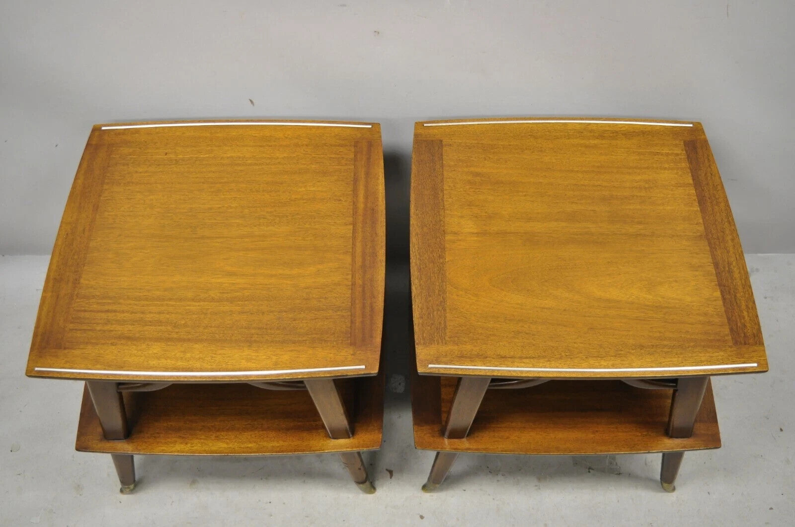 Vintage Mid Century Modern Sculpted Walnut 2 Tier End Tables w Brass Feet - Pair