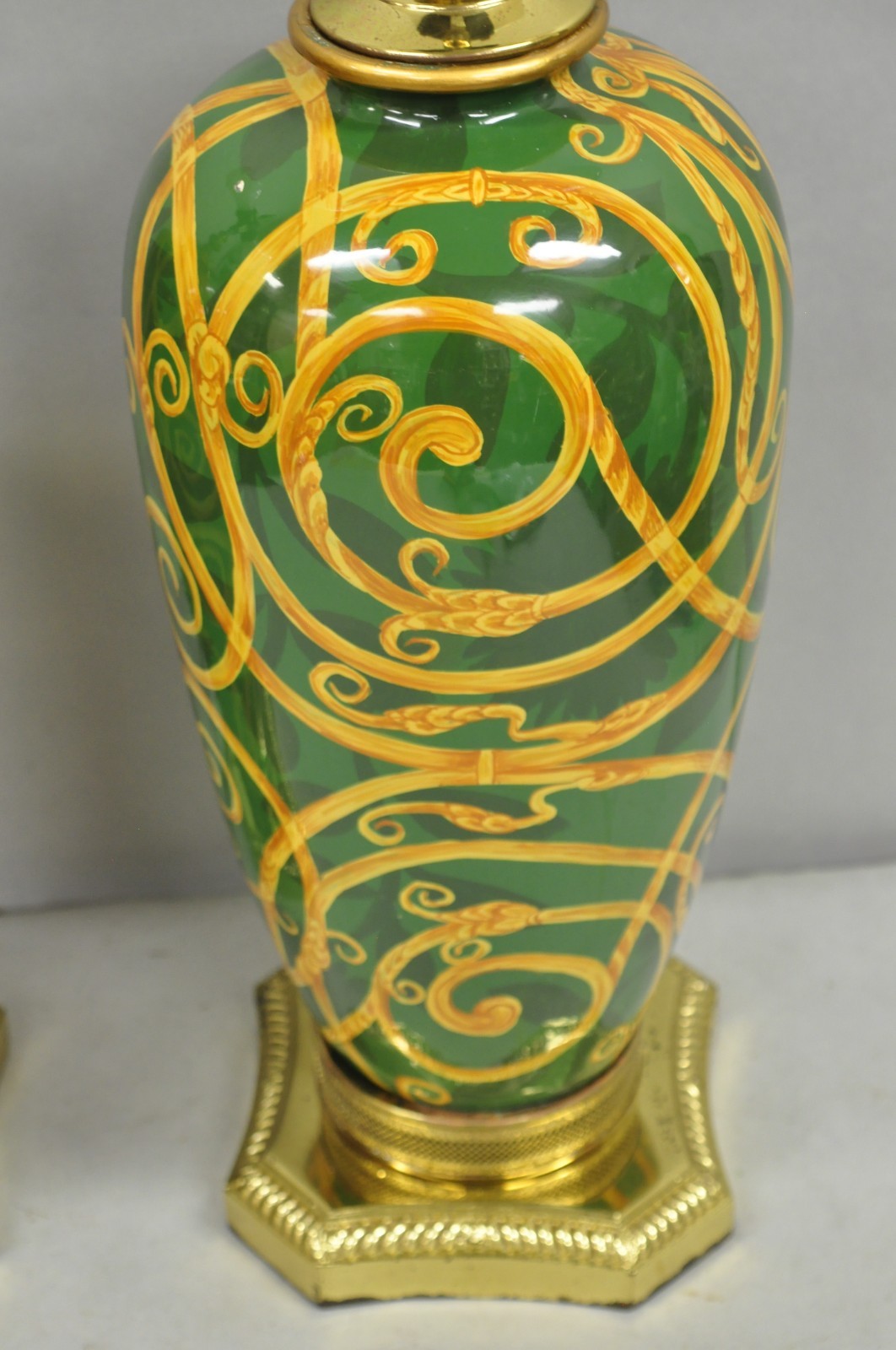 Hollywood Regency Green & Gold Scroll Painted Ceramic Table Lamps - a Pair