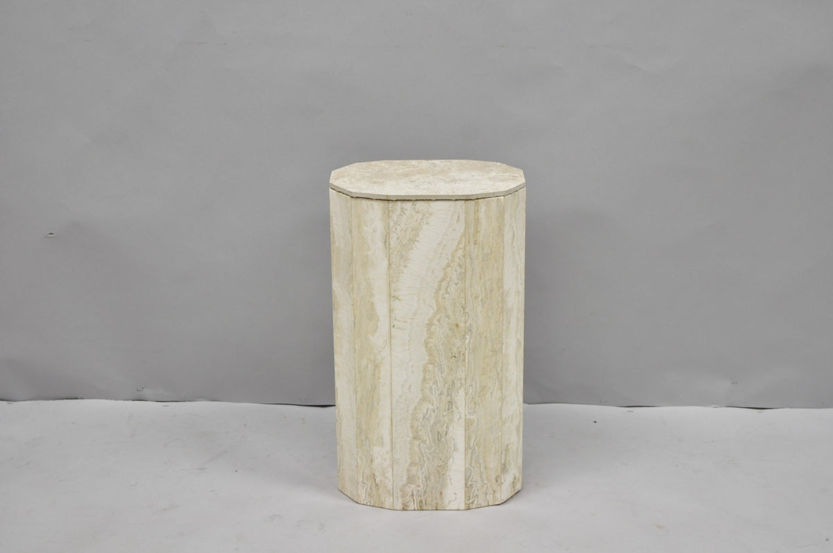 Vintage Postmodern Travertine Stone Small 20" Modern Pedestal Stand Side Table