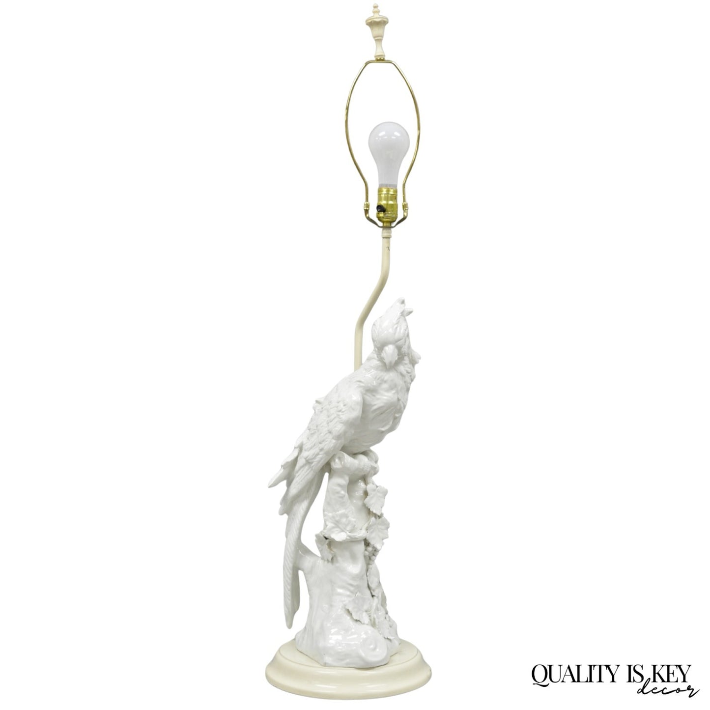 Antique Italian Blanc de Chine White Porcelain Perched Cockatoo Bird Table Lamp