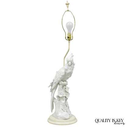 Antique Italian Blanc de Chine White Porcelain Perched Cockatoo Bird Table Lamp