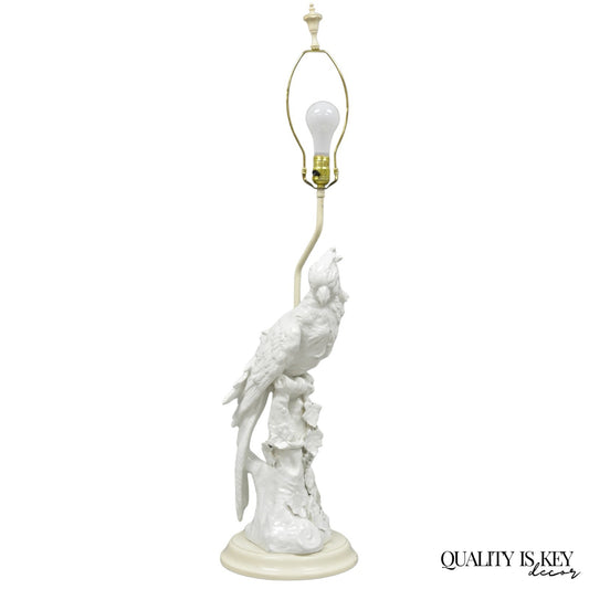 Antique Italian Blanc de Chine White Porcelain Perched Cockatoo Bird Table Lamp