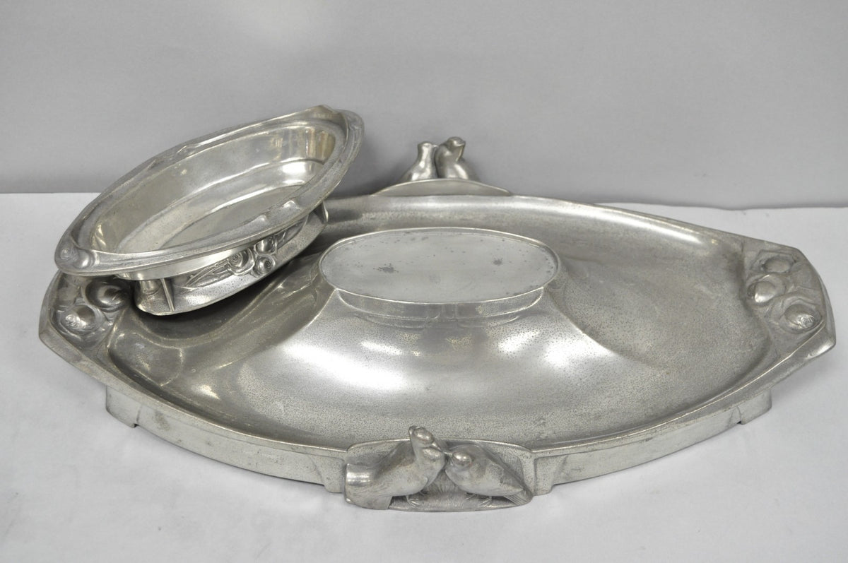 Antique Kayserzinn 4640 German Art Nouveau Pewter Metal Serving Platter w Birds