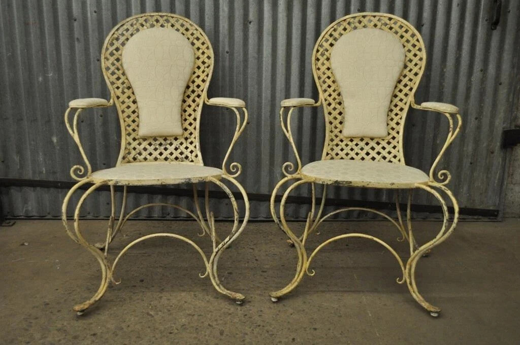 Vintage French Country Wrought Iron Lattice Scrolling Arm Chairs (A) - Pair