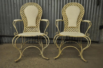 Vintage French Country Wrought Iron Lattice Scrolling Arm Chairs (A) - Pair