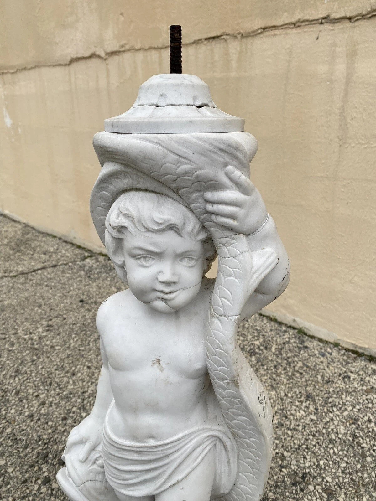 Italian Classical Carved Marble 31" Cherub Dolphin Garden Fountain Statue