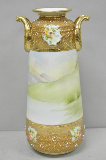 Antique Nippon Hand Painted Lake Scene Art Nouveau Twin Handle Porcelain Vase