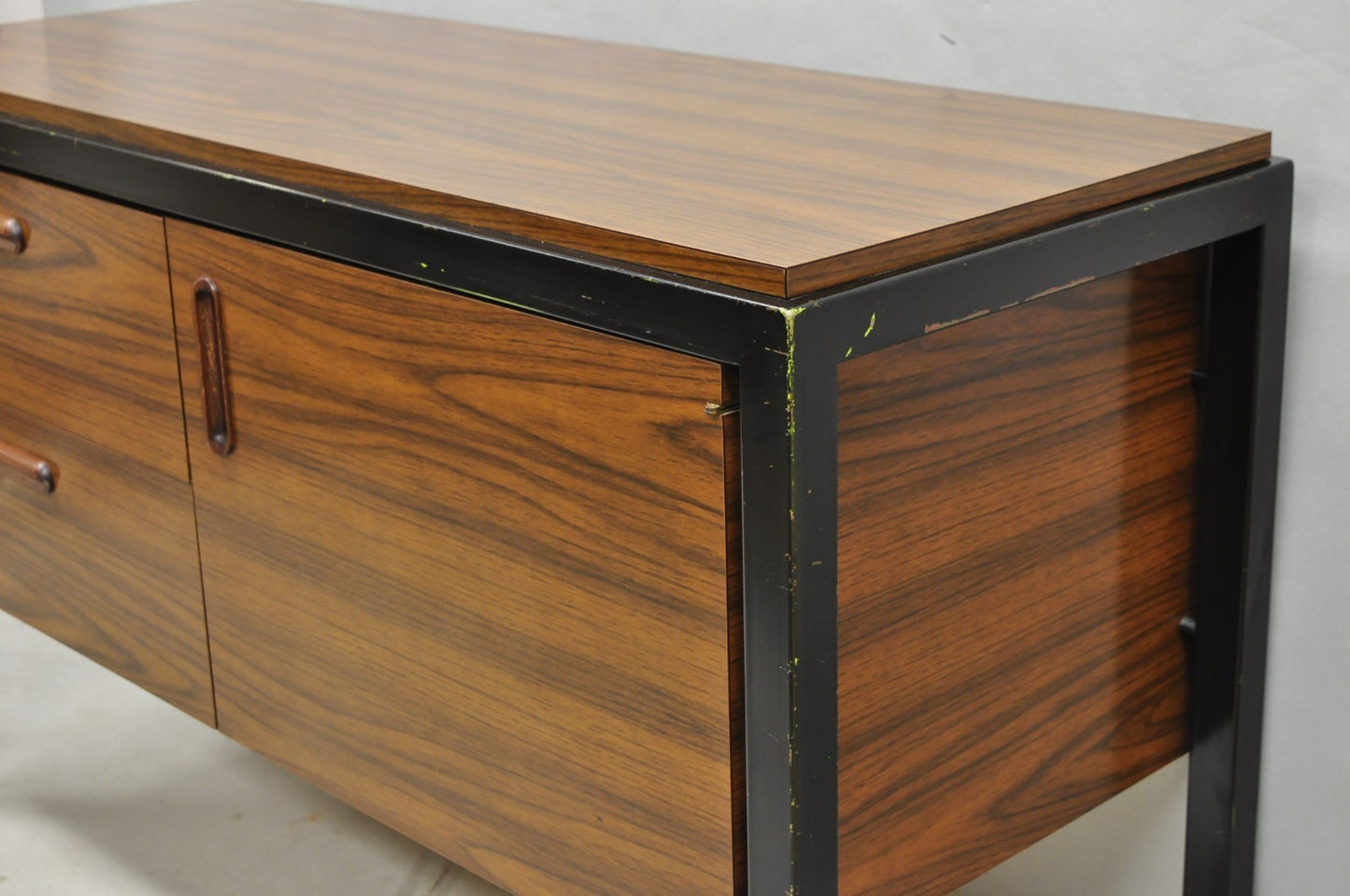 Vintage Mid Century Modern Faux Rosewood Laminate Steel Metal Credenza Cabinet