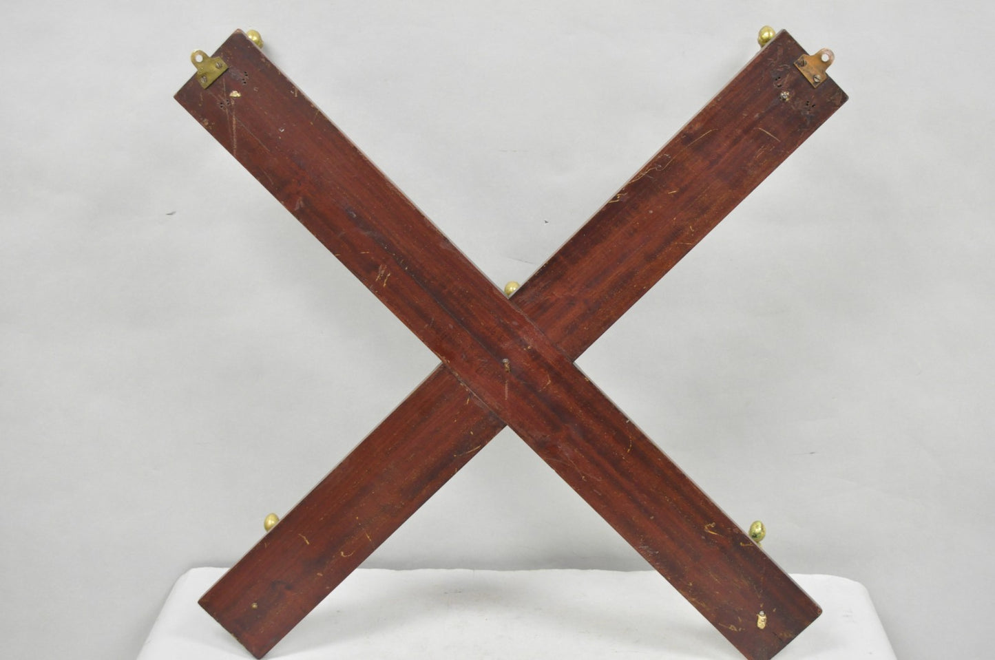 Antique Victorian Mahogany X-Form Wall Coat Rack w/ Brass Knight's Helmet Hooks