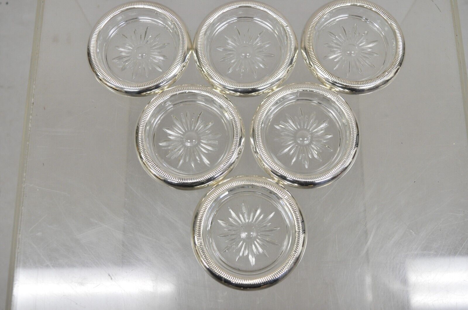 Vintage Regency Style Crystal Coasters with Sterling Silver Rims by Crown- 6 Pcs