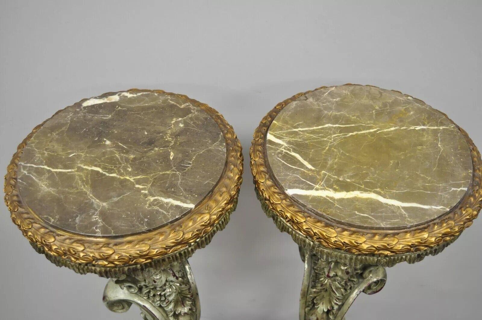 Italian Baroque Style Marble Top Figural Bearded Man Pedestal Stands - a Pair