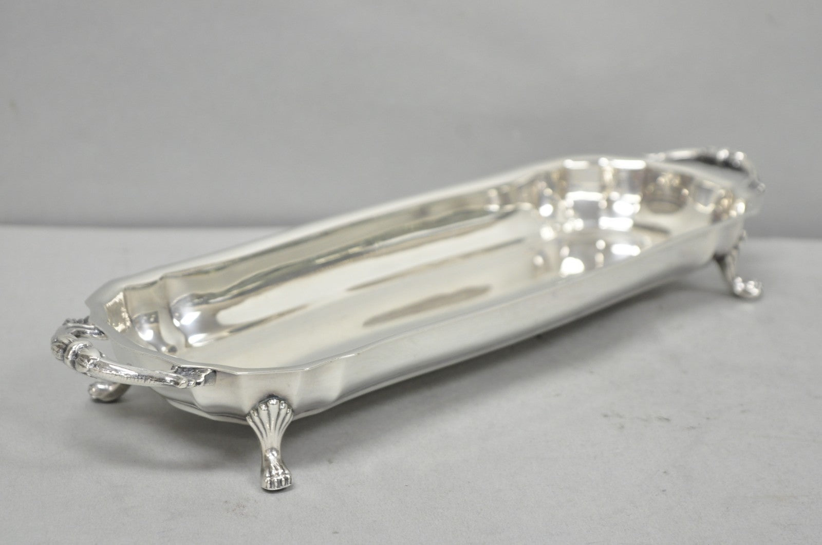 Vintage English Regency Silver Plated Paw Foot Scalloped Narrow Trinket Dish