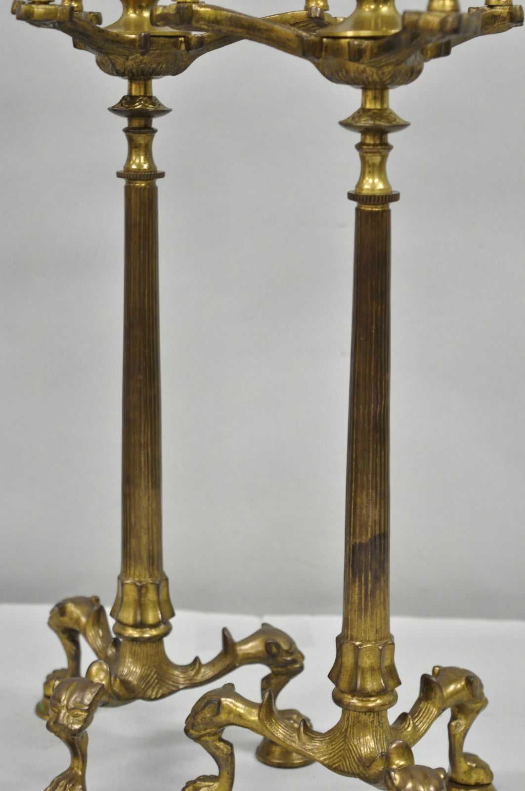 Antique French Renaissance Gothic Figural Brass 16" Candelabra w/ Lions - a Pair