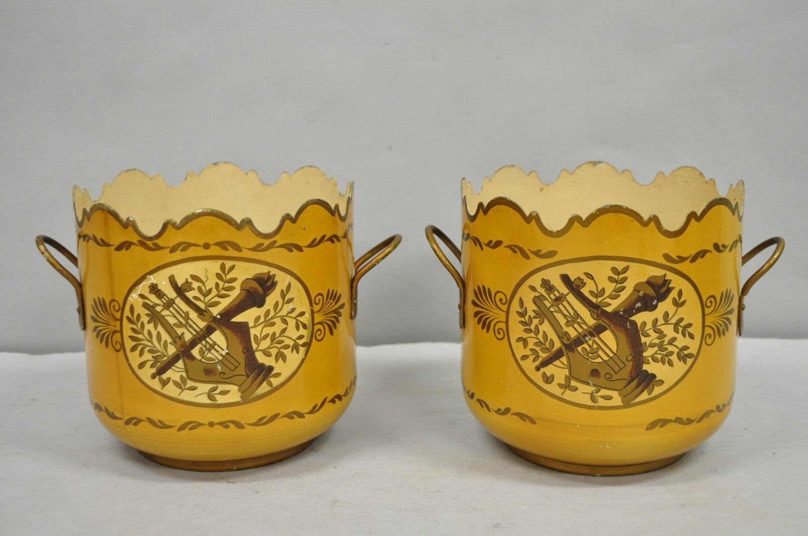 Vintage French Country Tole Metal Yellow Painted Cachepot Planter Vase - a Pair