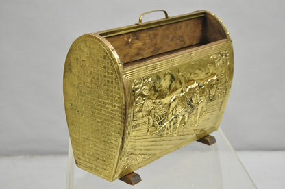 English Colonial Embossed Brass Farmer Horse-Drawn Plow Magazine Rack Holder