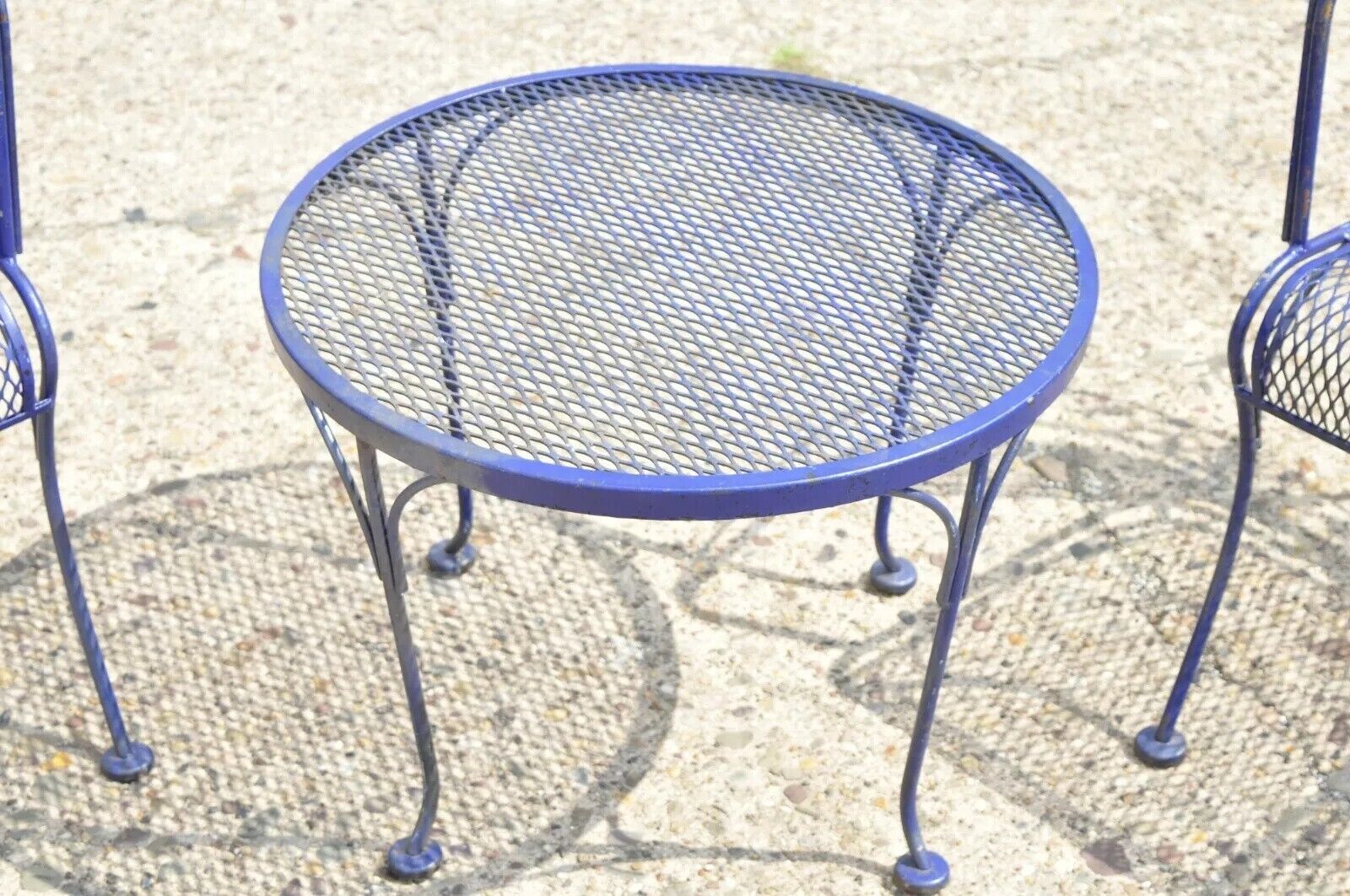 Woodard Rose Pattern Blue Wrought Iron Barrel Back Garden Chair Table - 3 Pc Set