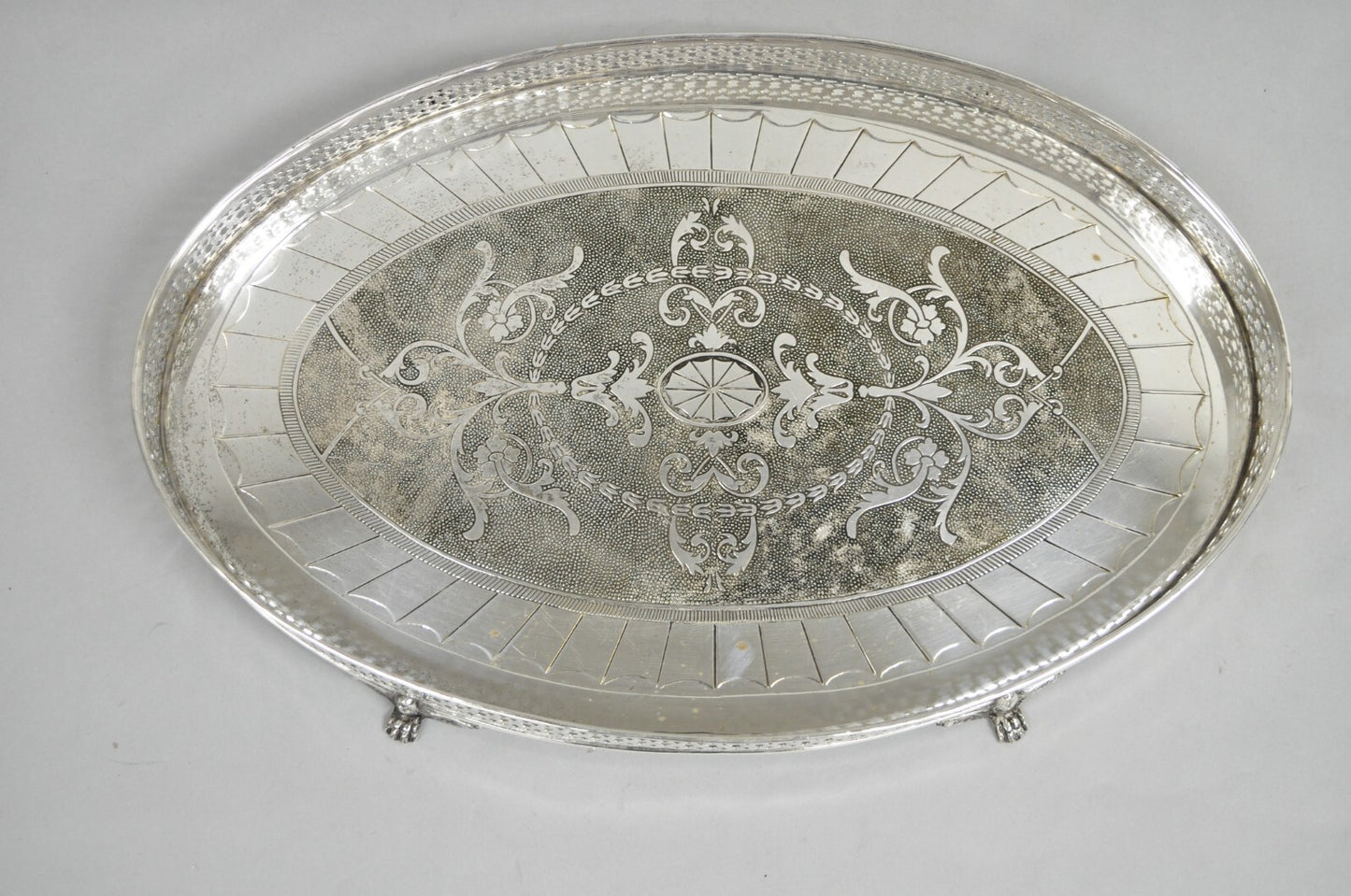 Vintage English Edwardian Style Oval Silver Plated Raised Gallery 21" Bar Tray