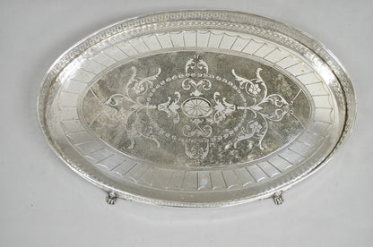 Vintage English Edwardian Style Oval Silver Plated Raised Gallery 21" Bar Tray