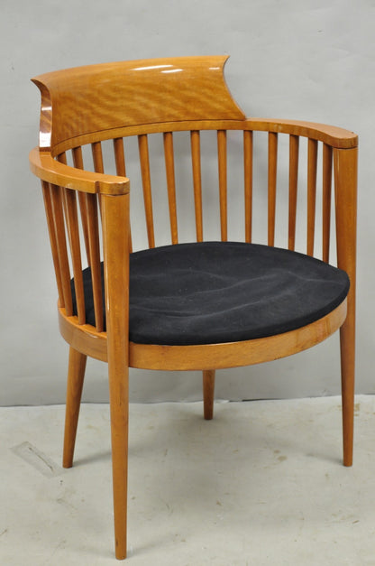 Vintage Postmodern Maple Wood Spindle Barrel Back Tapered Leg Lounge Arm Chair