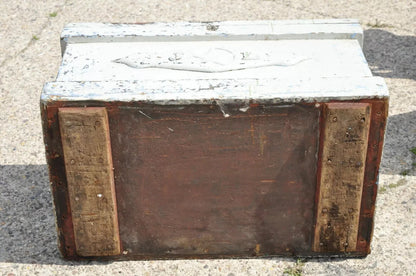 Antique English Campaign Gray Distress Painted Treasure Chest Trunk - LOCKED