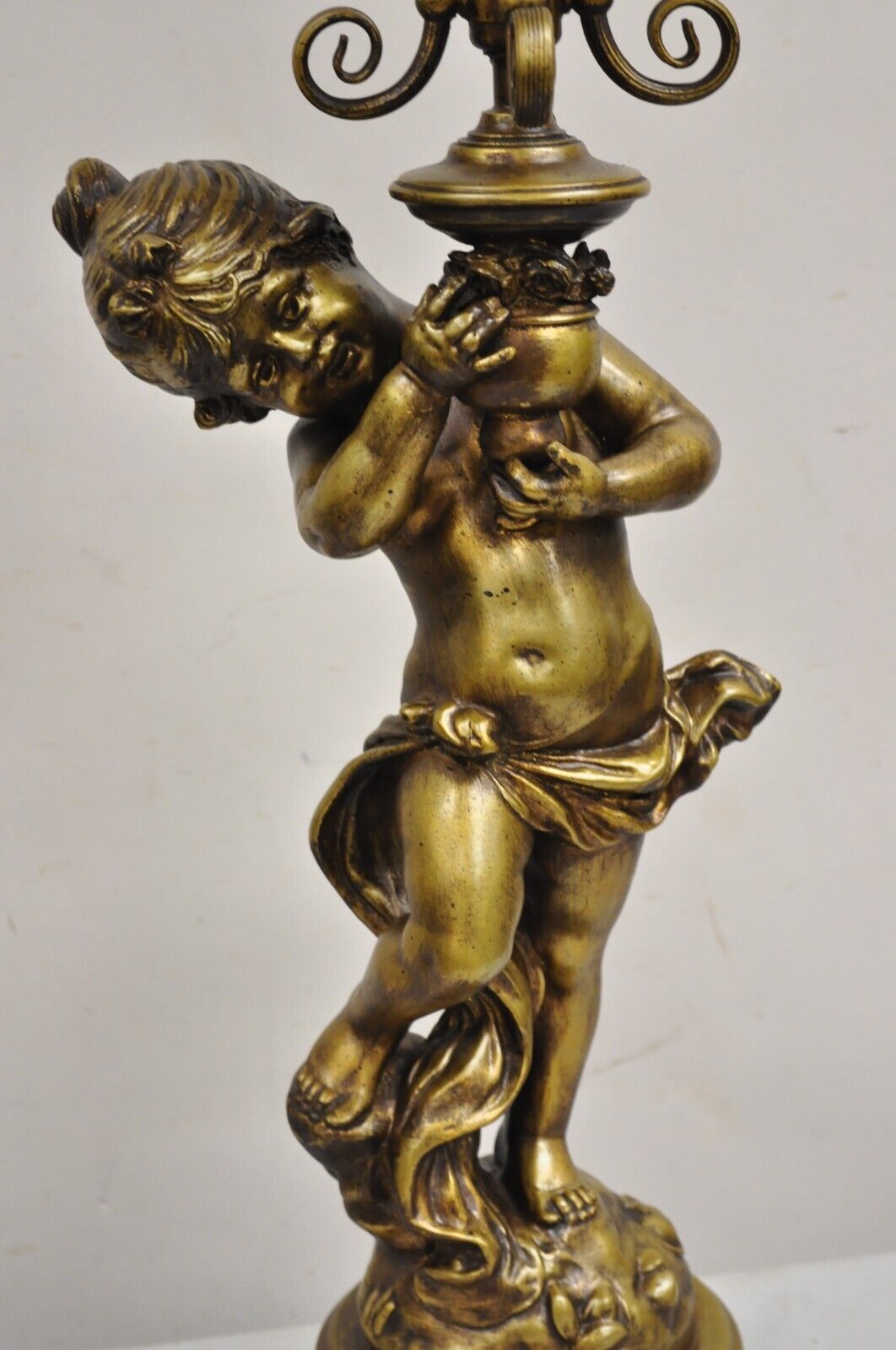 Vintage French Renaissance Metal Figural Girl Cherub Putti Candelabra Table Lamp