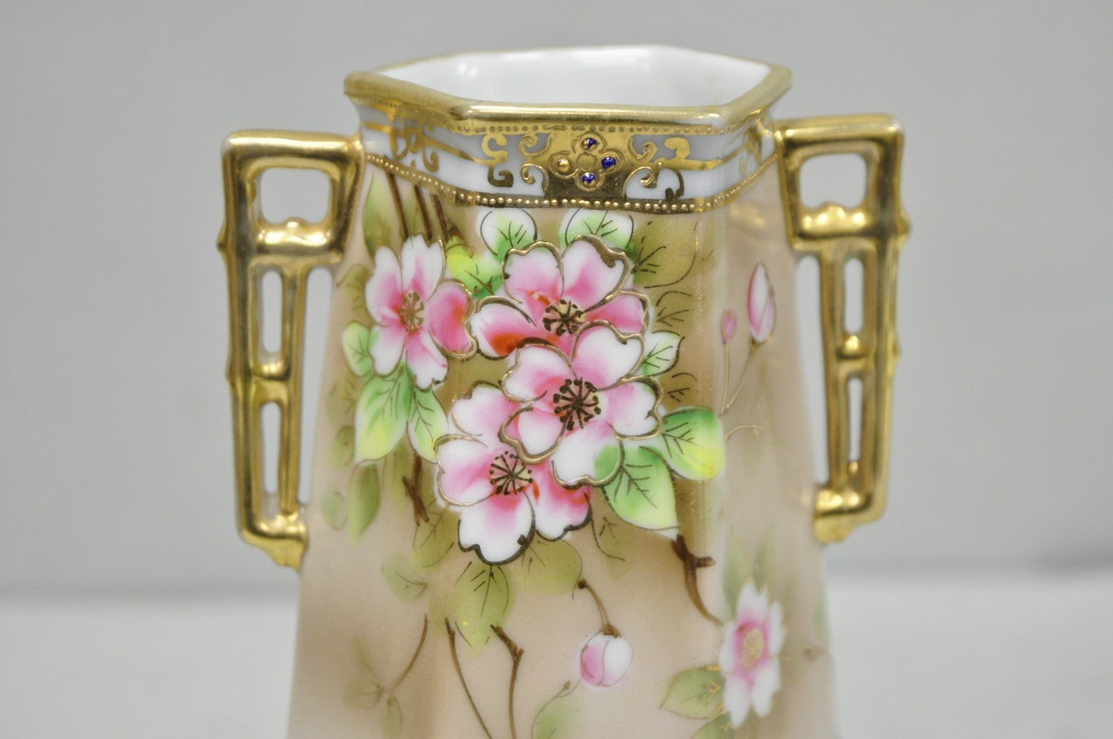 Antique Nippon Twin Handled Pink Hand Painted Porcelain Hexagon Gold Rimmed Vase