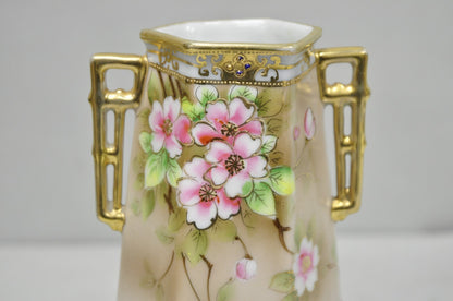 Antique Nippon Twin Handled Pink Hand Painted Porcelain Hexagon Gold Rimmed Vase