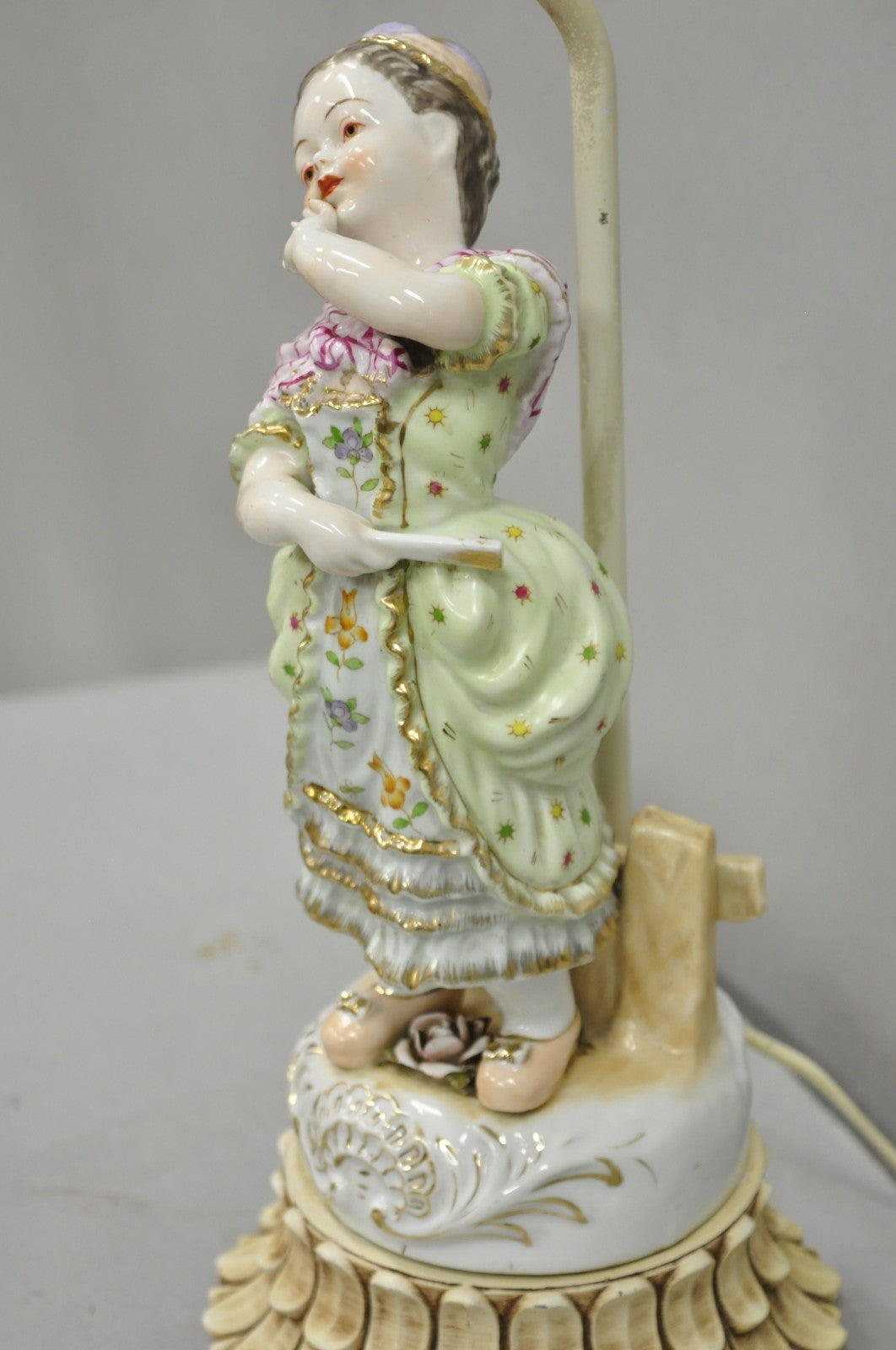 Antique Victorian French Porcelain Figure Dutch Girl in Dress Boudoir Table Lamp