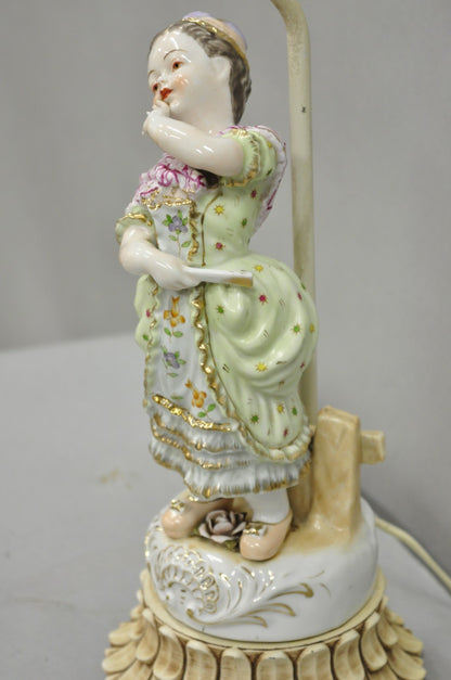 Antique Victorian French Porcelain Figure Dutch Girl in Dress Boudoir Table Lamp