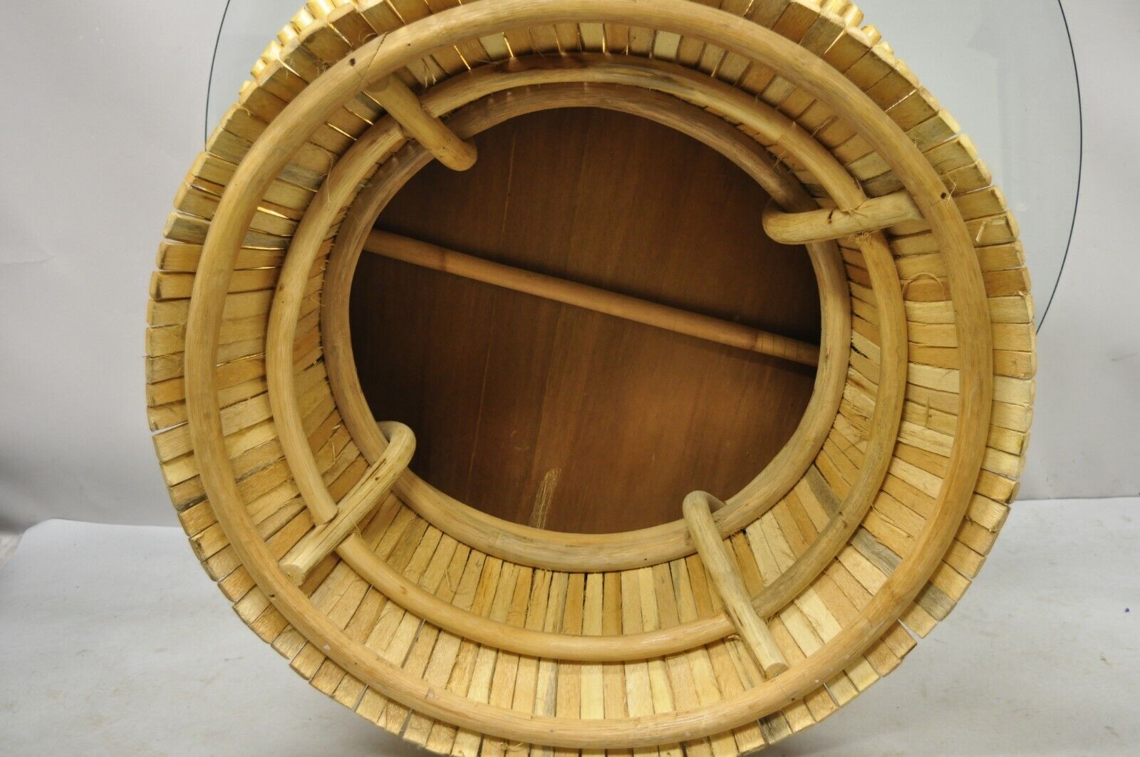 McGuire Style Sheaf of Wheat Bamboo 48" Round Glass Coffee Table