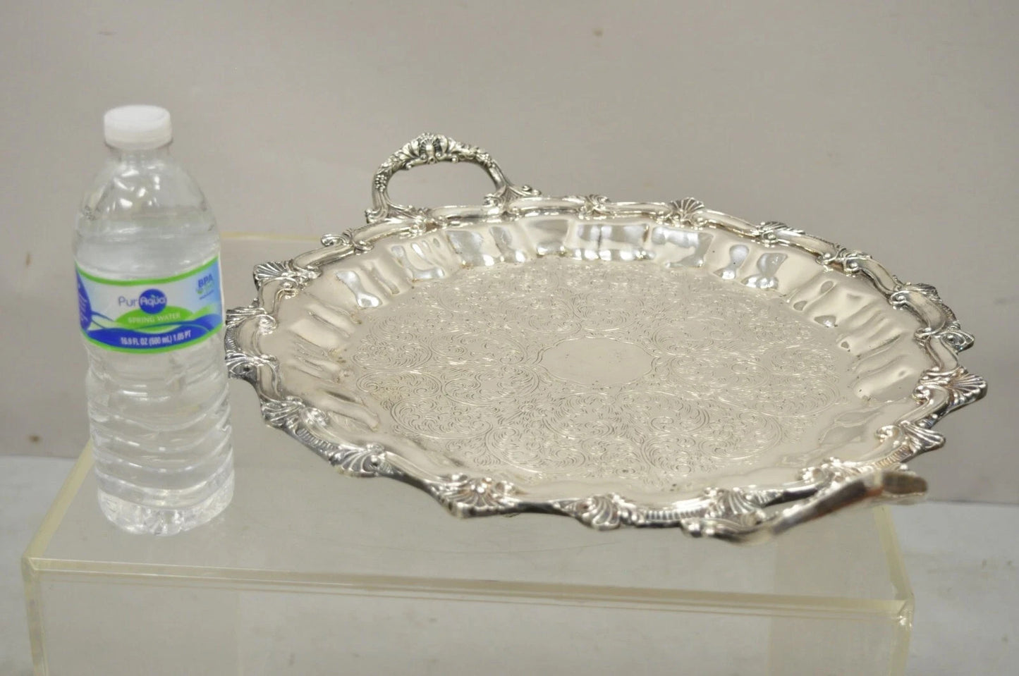 Victorian Ornate Silver Plated Twin Handle Scalloped Bar Serving Platter Tray