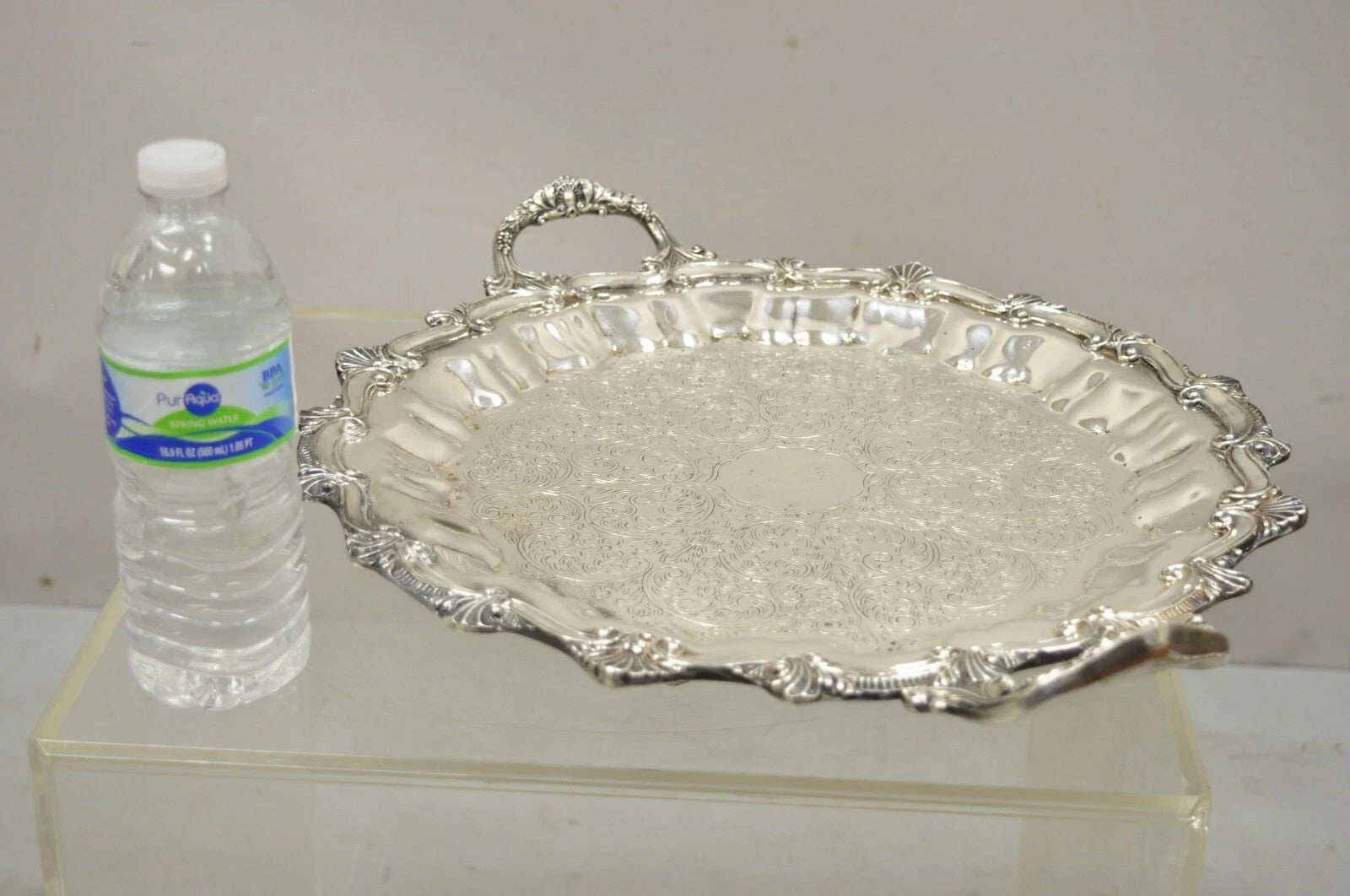 Victorian Ornate Silver Plated Twin Handle Scalloped Bar Serving Platter Tray