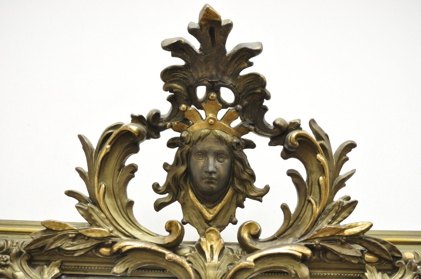 Antique French Renaissance Baroque Carved Giltwood Gesso Wall Mirror with Face