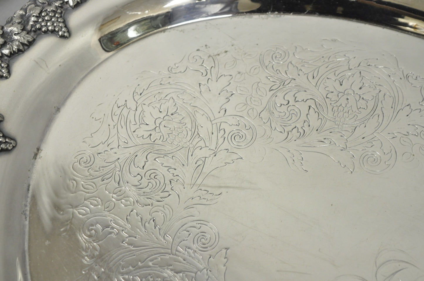 Antique English Victorian Silver Plated Grapevine Oval Bar Tray w/ Monogram