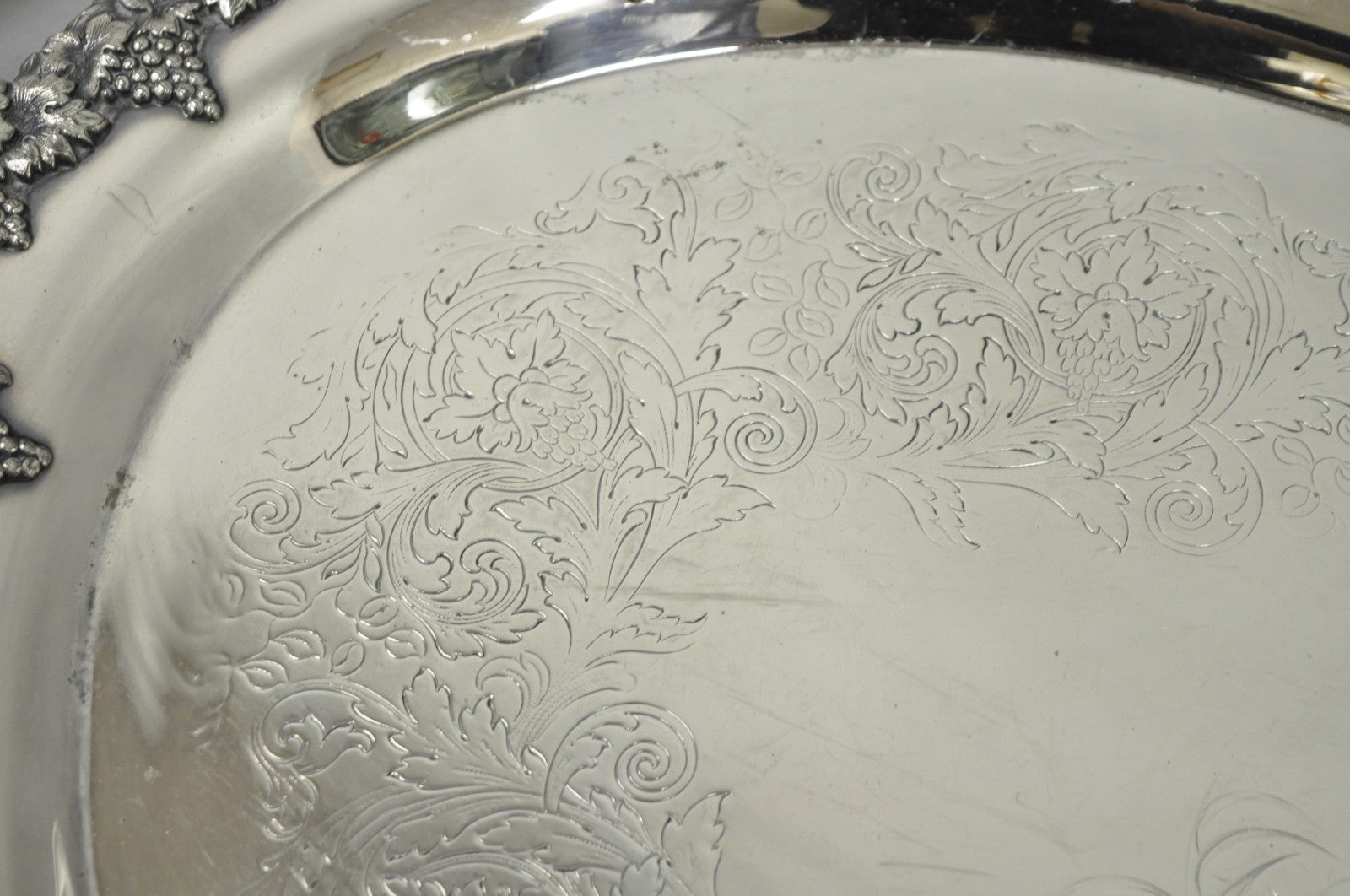 Antique English Victorian Silver Plated Grapevine Oval Bar Tray w/ Monogram