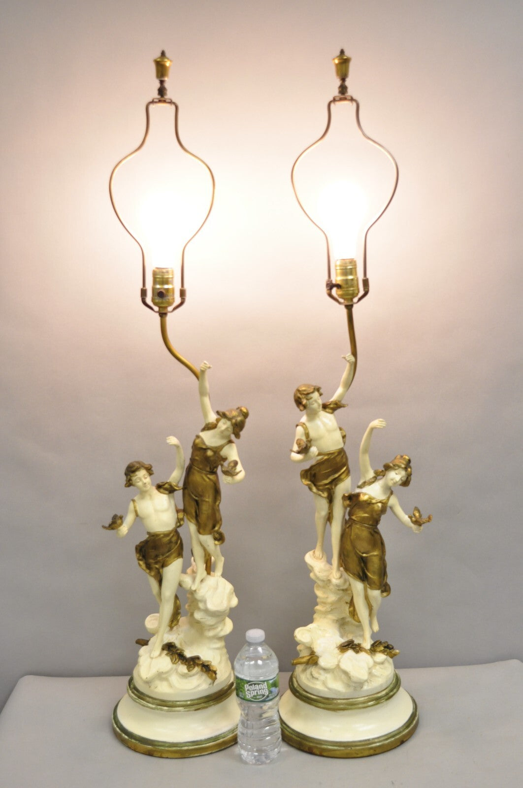 Antique L&F Moreau Spelter Metal Painted Figural Boy and Girl Table Lamp - Pair