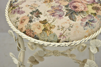 Vtg Italian Hollywood Regency Metal Floral White Rope Form Vintage Bench Stool