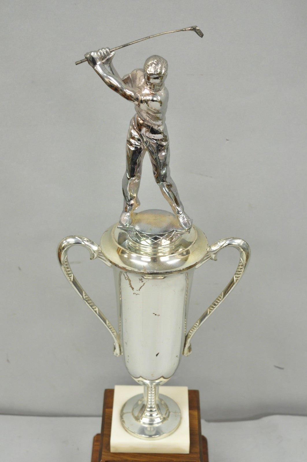 Vintage 1970s Art Deco Silver Metal Marble & Wood Figural Golf Trophy Award Cup