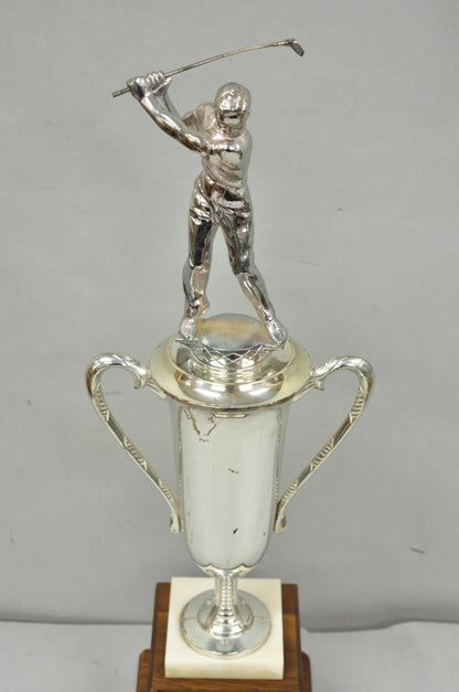 Vintage 1970s Art Deco Silver Metal Marble & Wood Figural Golf Trophy Award Cup